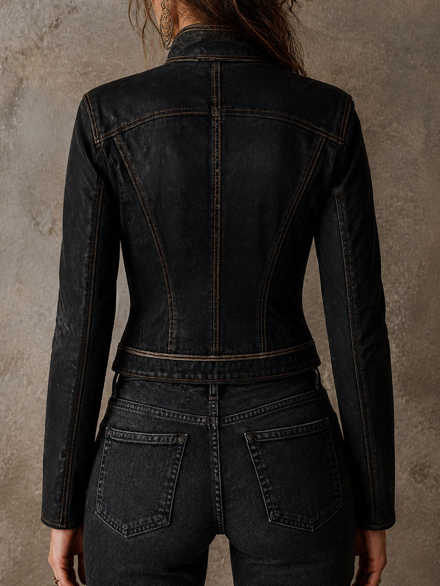 Giacca Donna in Ecopelle con Dettagli Dorati Stile Militare Vintage