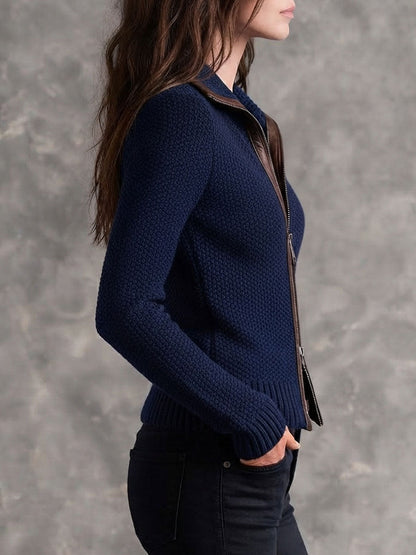 Giacca Donna in Maglia Testurizzata con Doppia Zip e Dettagli in Ecopelle