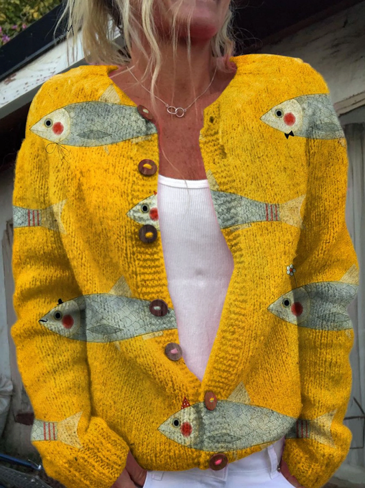 Cardigan Donna in Maglia Giallo Senape con Stampa Pesci