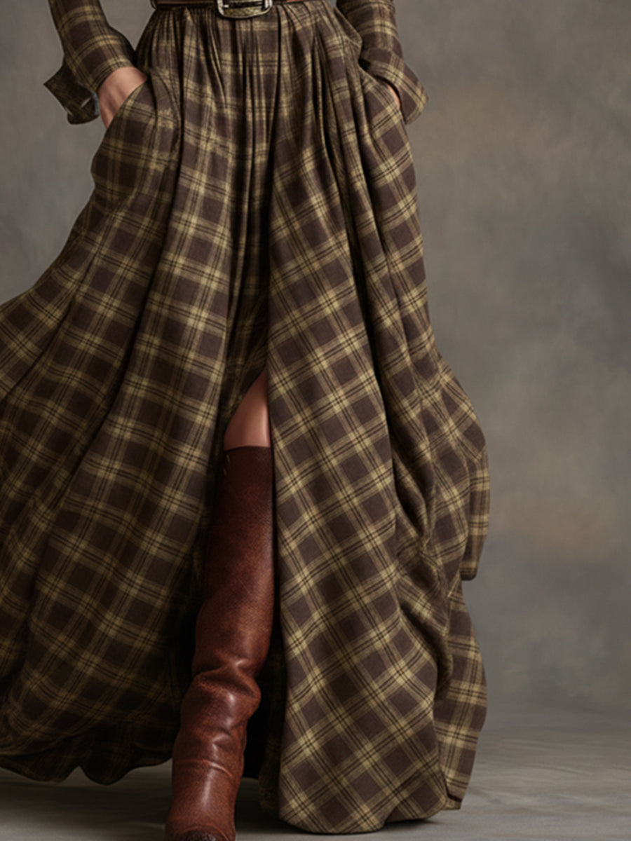 Abito Maxi Donna a Quadri Rosso Marrone con Colletto e Cintura