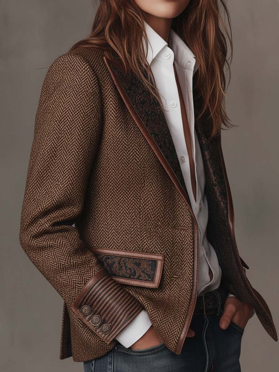 Blazer Donna in Tweed Spigato Marrone con Pannelli a Contrasto