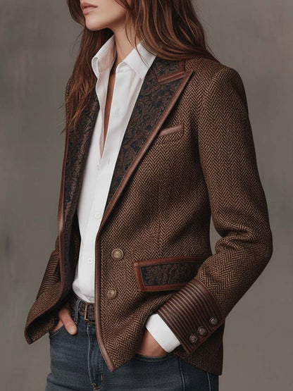 Blazer Donna in Tweed Spigato Marrone con Pannelli a Contrasto