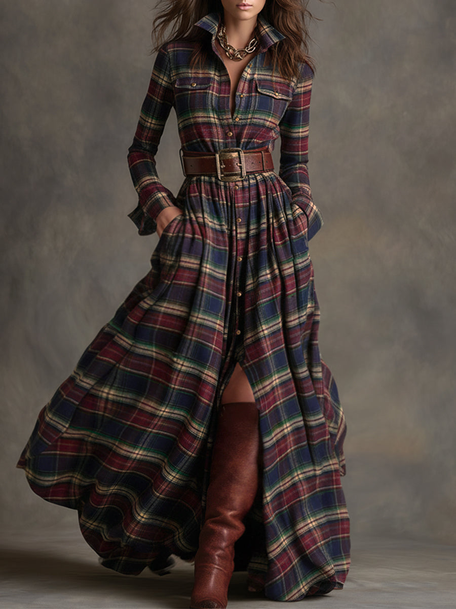 Abito Maxi Donna a Quadri Rosso Marrone con Colletto e Cintura