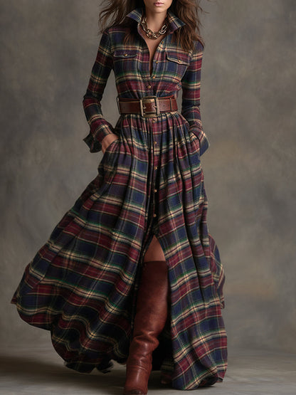 Abito Maxi Donna a Quadri Rosso Marrone con Colletto e Cintura
