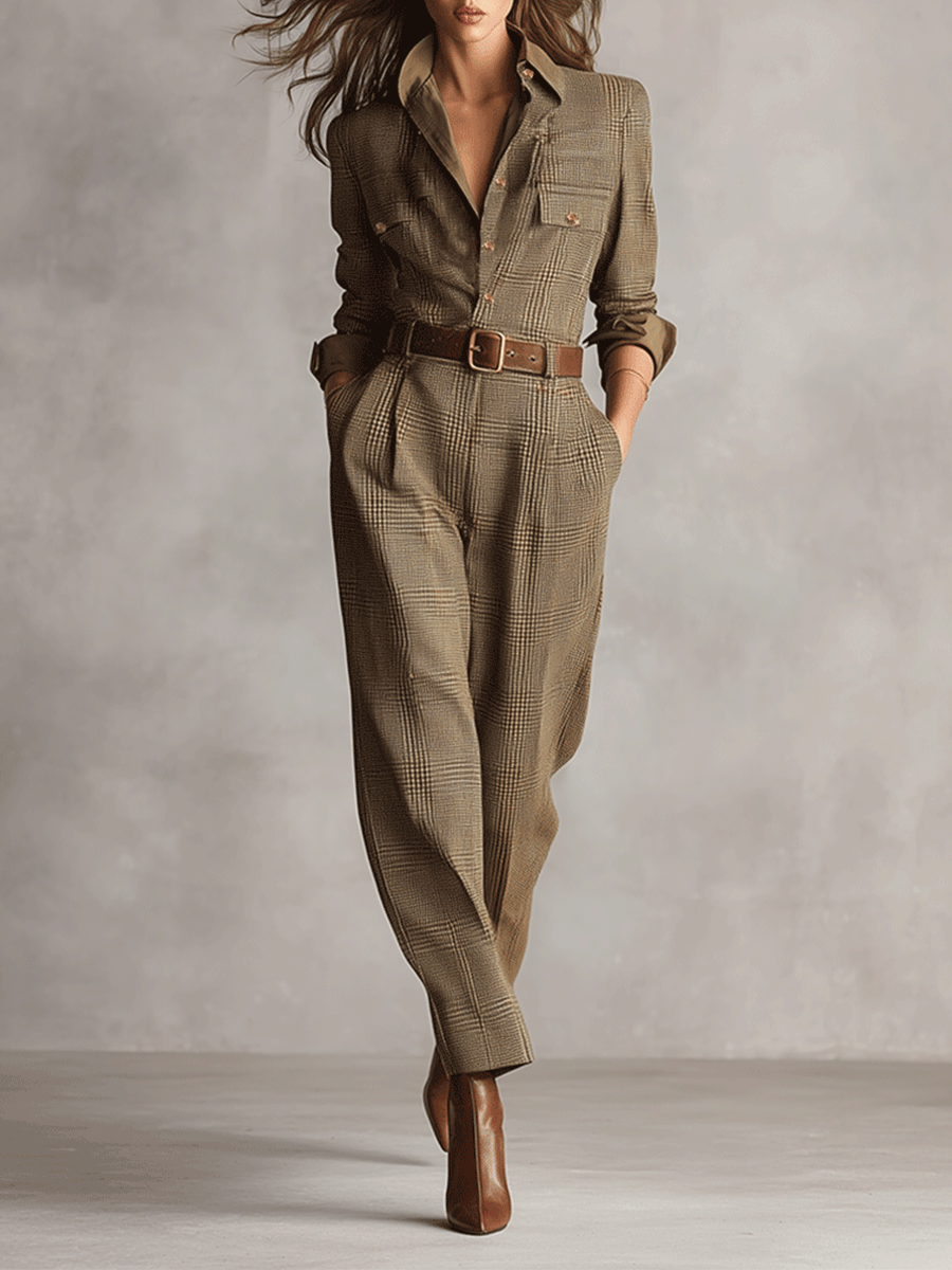 Tuta da donna marrone a quadri in tweed con colletto e gamba larga