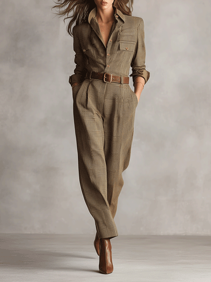 Tuta da donna marrone a quadri in tweed con colletto e gamba larga