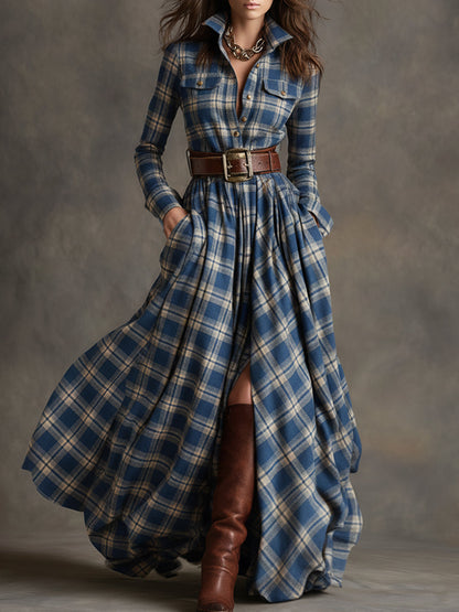 Abito Maxi Donna a Quadri Rosso Marrone con Colletto e Cintura