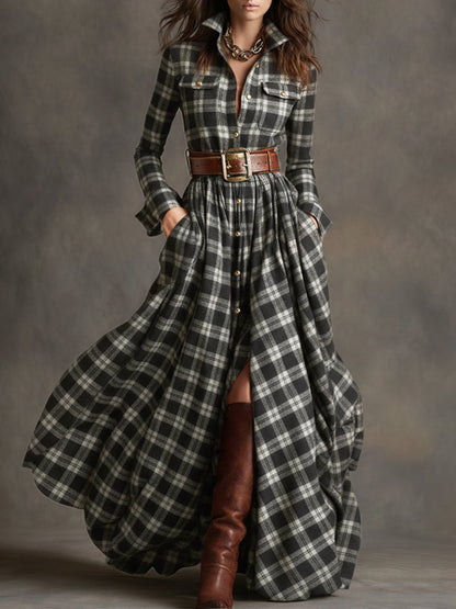 Abito Maxi Donna a Quadri Rosso Marrone con Colletto e Cintura