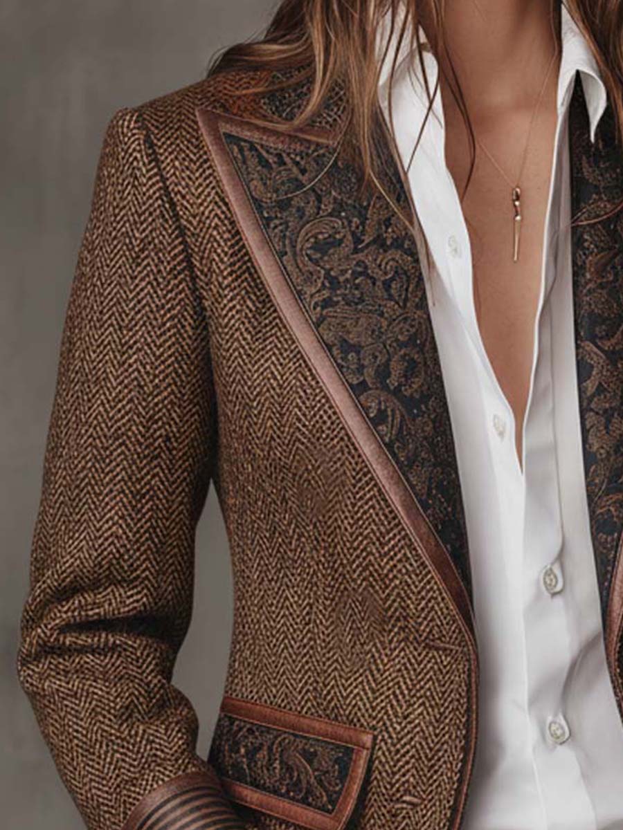 Blazer Donna in Tweed Spigato Marrone con Pannelli a Contrasto