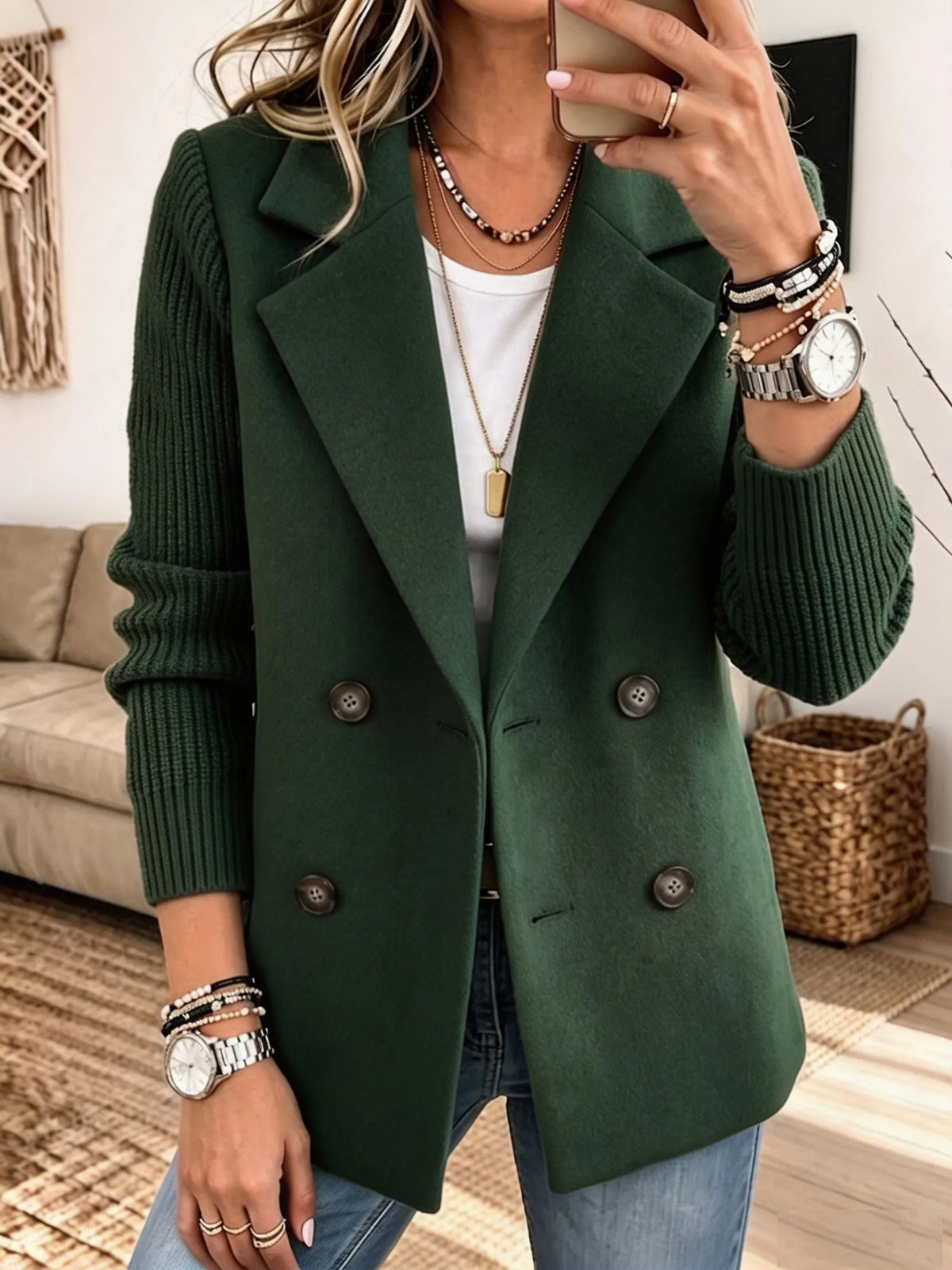 Blazer Donna Elegante in Maglia Bicolore con Maniche Lunghe