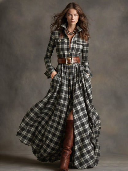 Abito Maxi Donna a Quadri Rosso Marrone con Colletto e Cintura