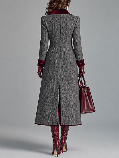 Cappotto Donna Lungo in Lana Spigata con Dettagli in Velluto