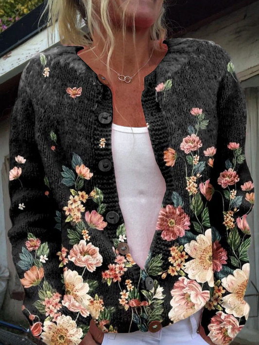 Cardigan Donna in Maglia Nero con Stampa Floreale