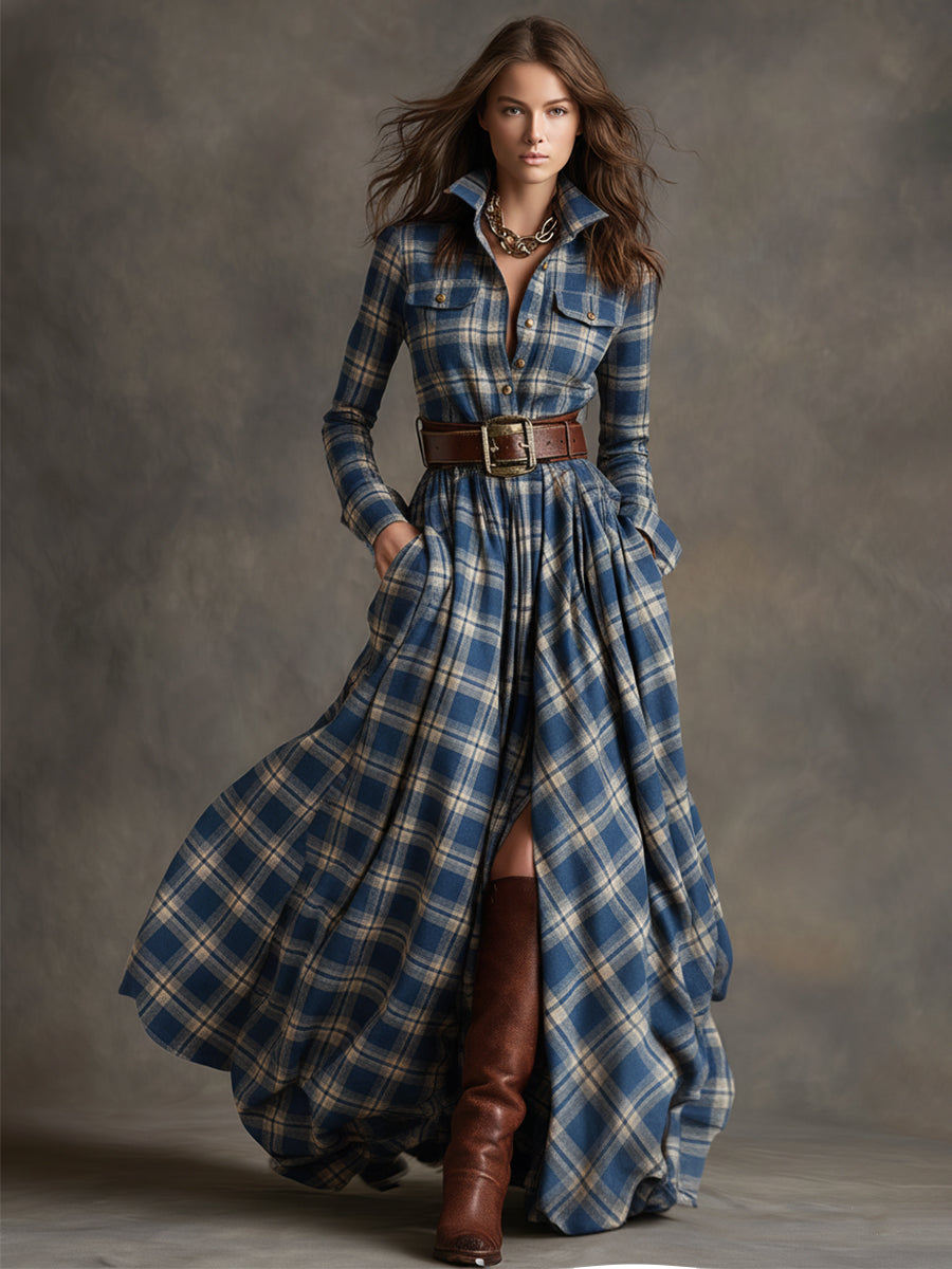 Abito Maxi Donna a Quadri Rosso Marrone con Colletto e Cintura