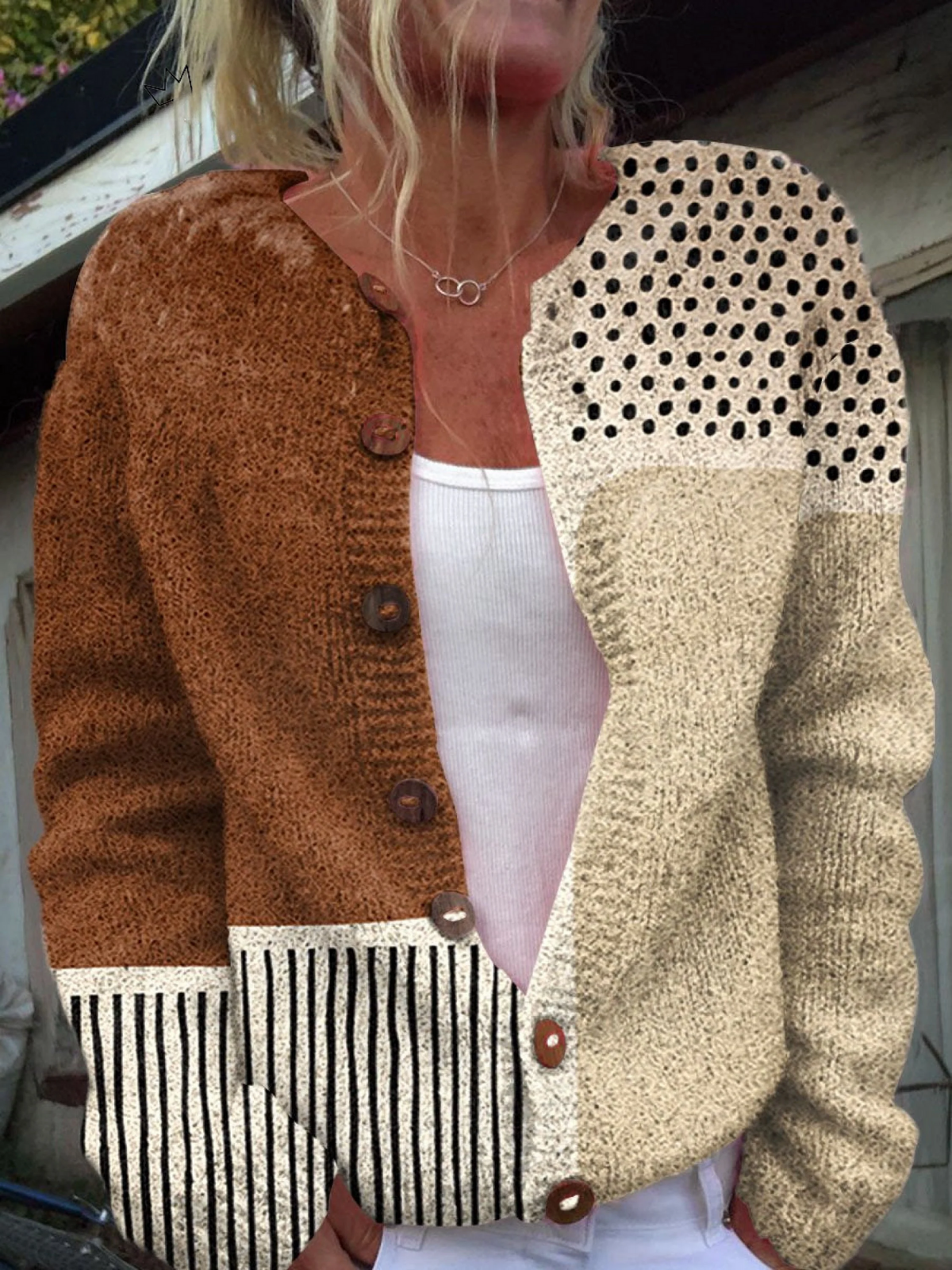 Cardigan Donna in Maglia Patchwork Marrone e Crema