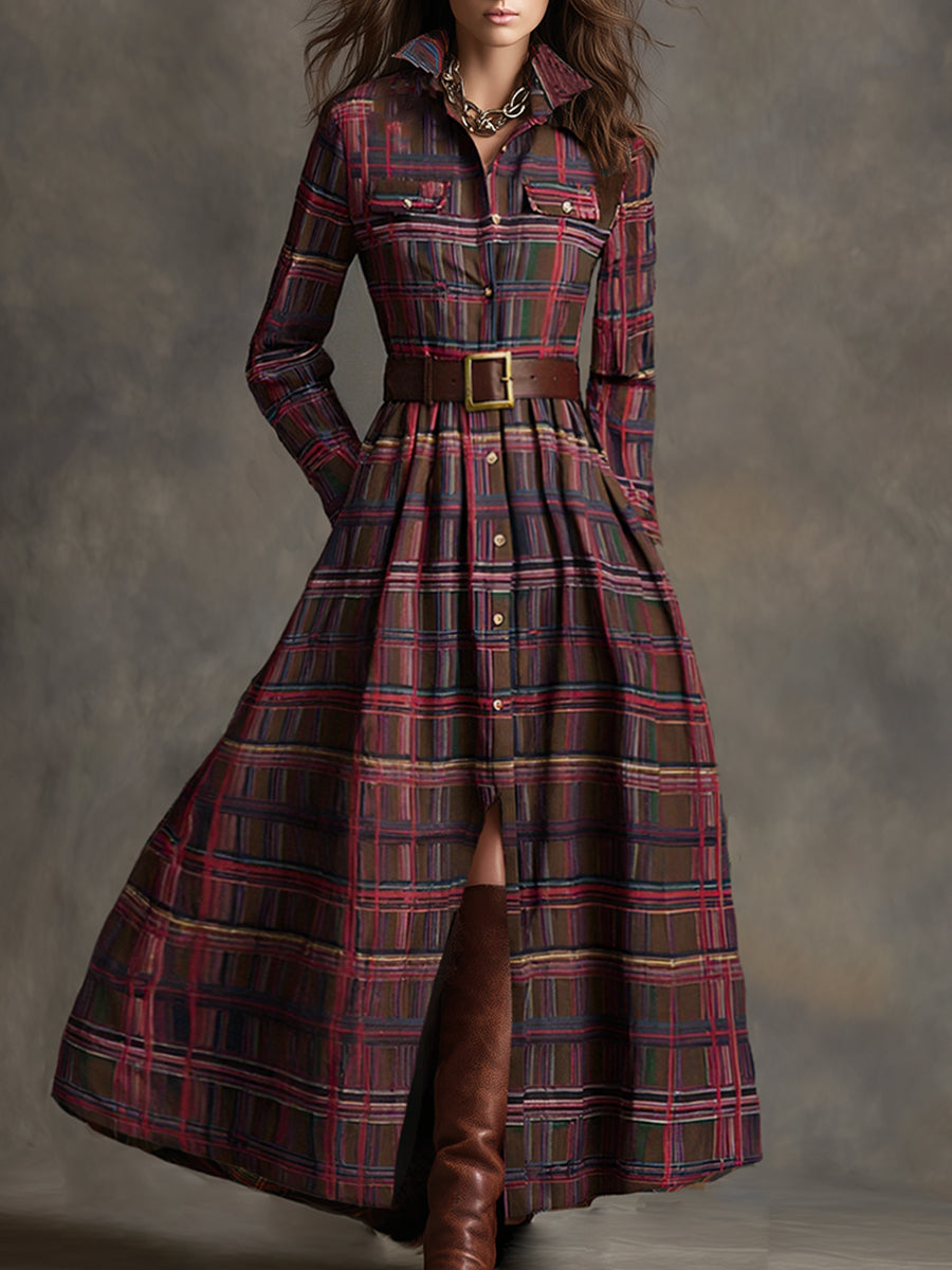Abito Maxi Donna a Quadri Rosso Marrone con Colletto e Cintura