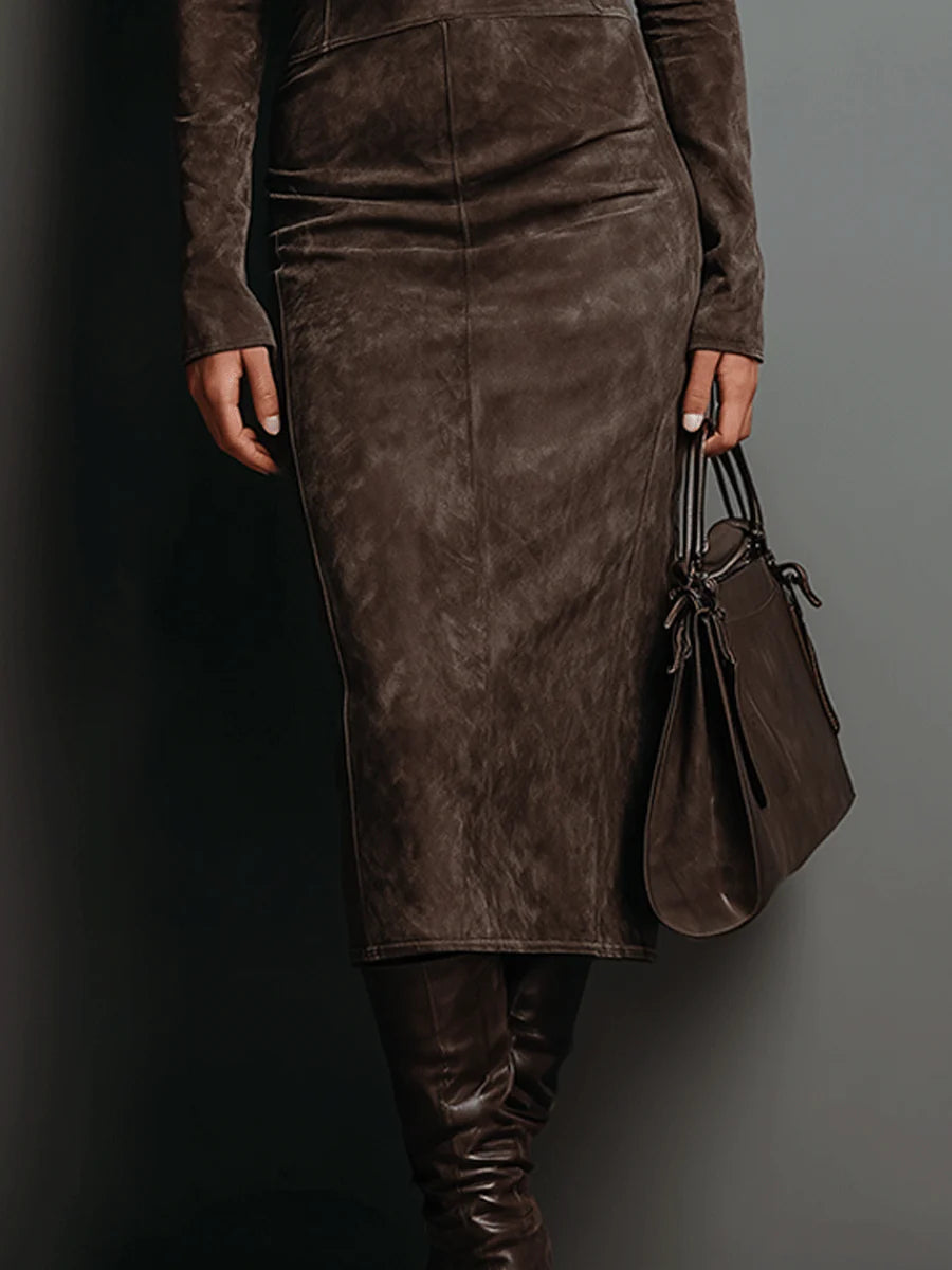 Abito Midi Donna in Ecopelle Scamosciata con Collo Alto e Maniche Lunghe
