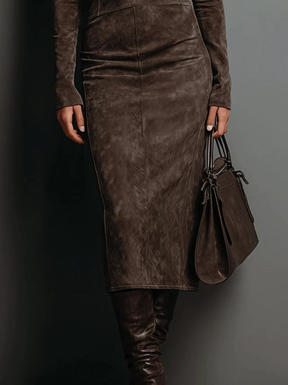 Abito Midi Donna in Ecopelle Scamosciata con Collo Alto e Maniche Lunghe