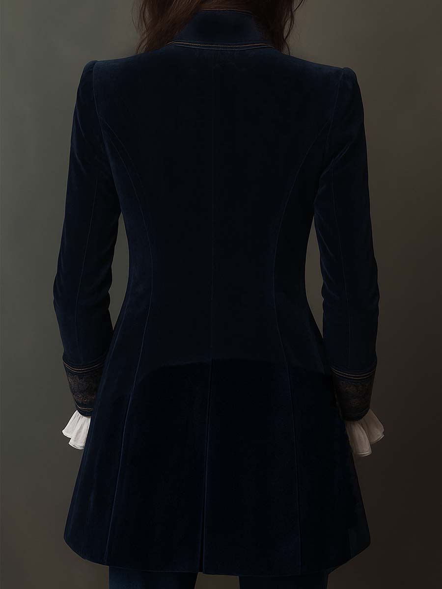 Giacca Donna Lunga Blu Navy con Ricami Decorativi