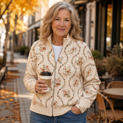 Cardigan Donna in Maglia Crema con Stampa Floreale