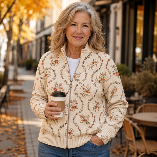 Cardigan Donna in Maglia Crema con Stampa Floreale