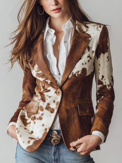 Blazer Donna Vintage in Ecopelle con Stampa Mucca