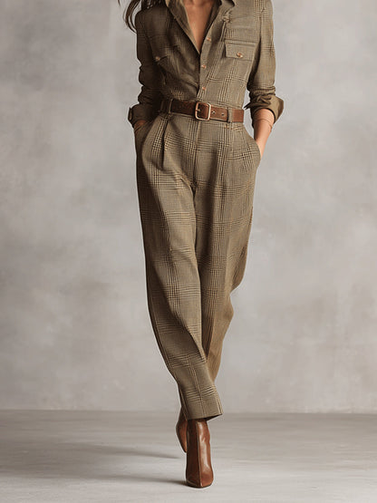 Tuta da donna marrone a quadri in tweed con colletto e gamba larga
