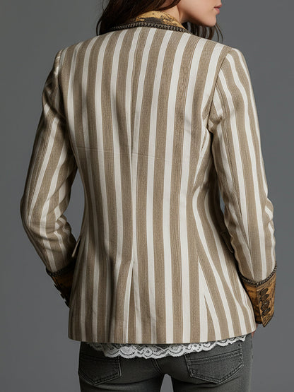 Blazer Donna Boho con Revers Decorati e Righe a Contrasto