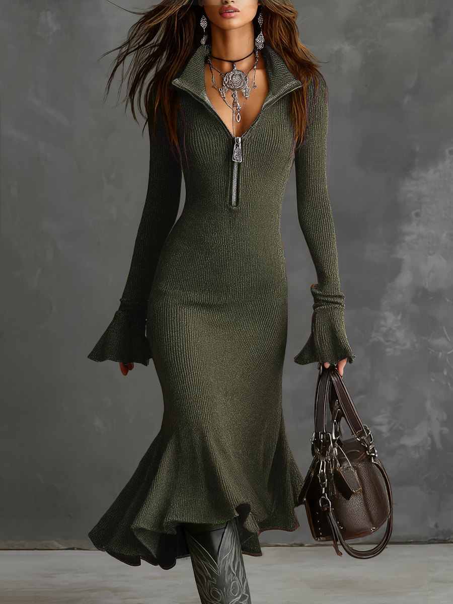 Abito Midi Donna in Maglia con Collo con Zip e Maniche a Trombetta