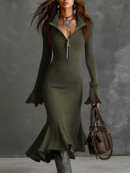 Abito Midi Donna in Maglia con Collo con Zip e Maniche a Trombetta
