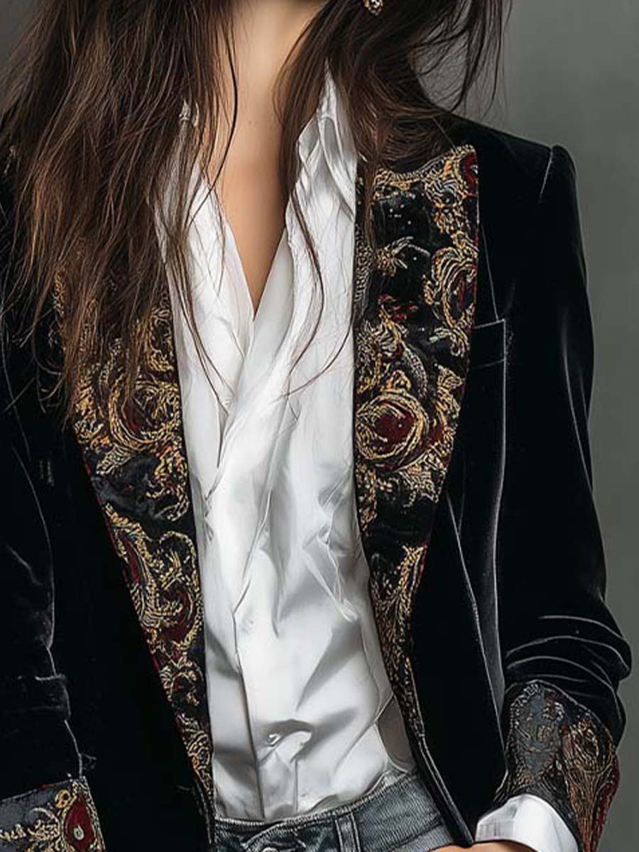 Blazer Donna Nero Slim Fit con Revers e Stampa Barocca
