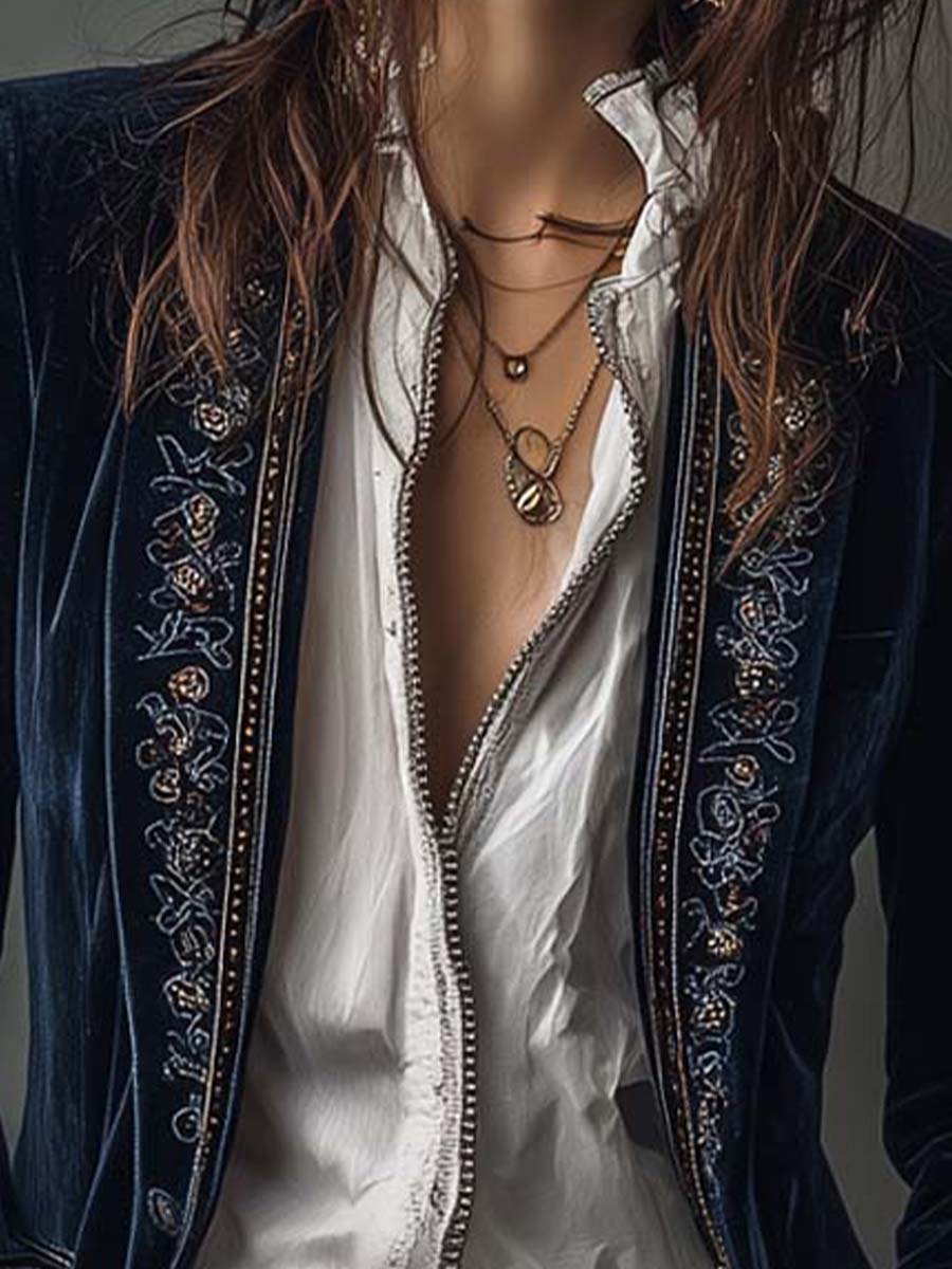 Giacca Donna Lunga Blu Navy con Ricami Decorativi