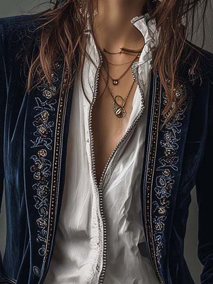 Giacca Donna Lunga Blu Navy con Ricami Decorativi