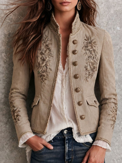 Giacca Donna Beige Vintage con Collo Alto, Ricami Floreali e Bordo Intrecciato