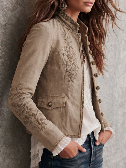 Giacca Donna Beige Vintage con Collo Alto, Ricami Floreali e Bordo Intrecciato