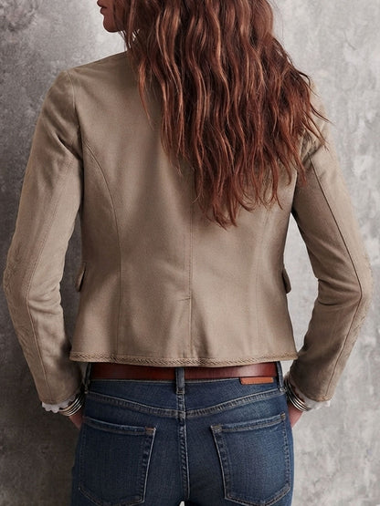Giacca Donna Beige Vintage con Collo Alto, Ricami Floreali e Bordo Intrecciato