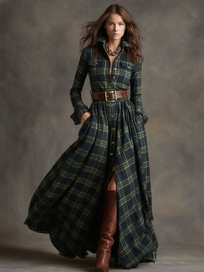 Abito Maxi Donna a Quadri Rosso Marrone con Colletto e Cintura