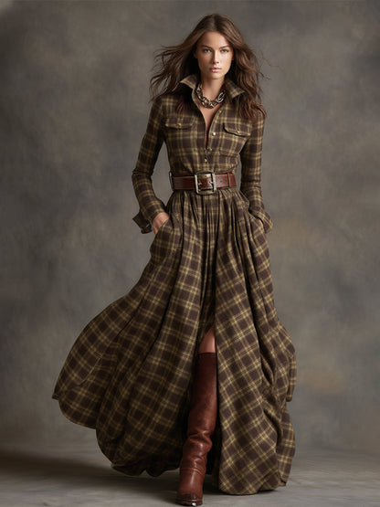 Abito Maxi Donna a Quadri Rosso Marrone con Colletto e Cintura