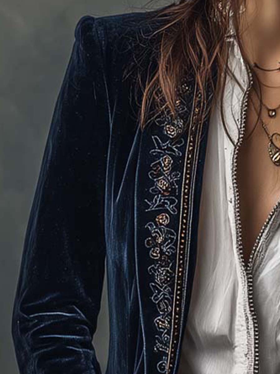 Giacca Donna Lunga Blu Navy con Ricami Decorativi