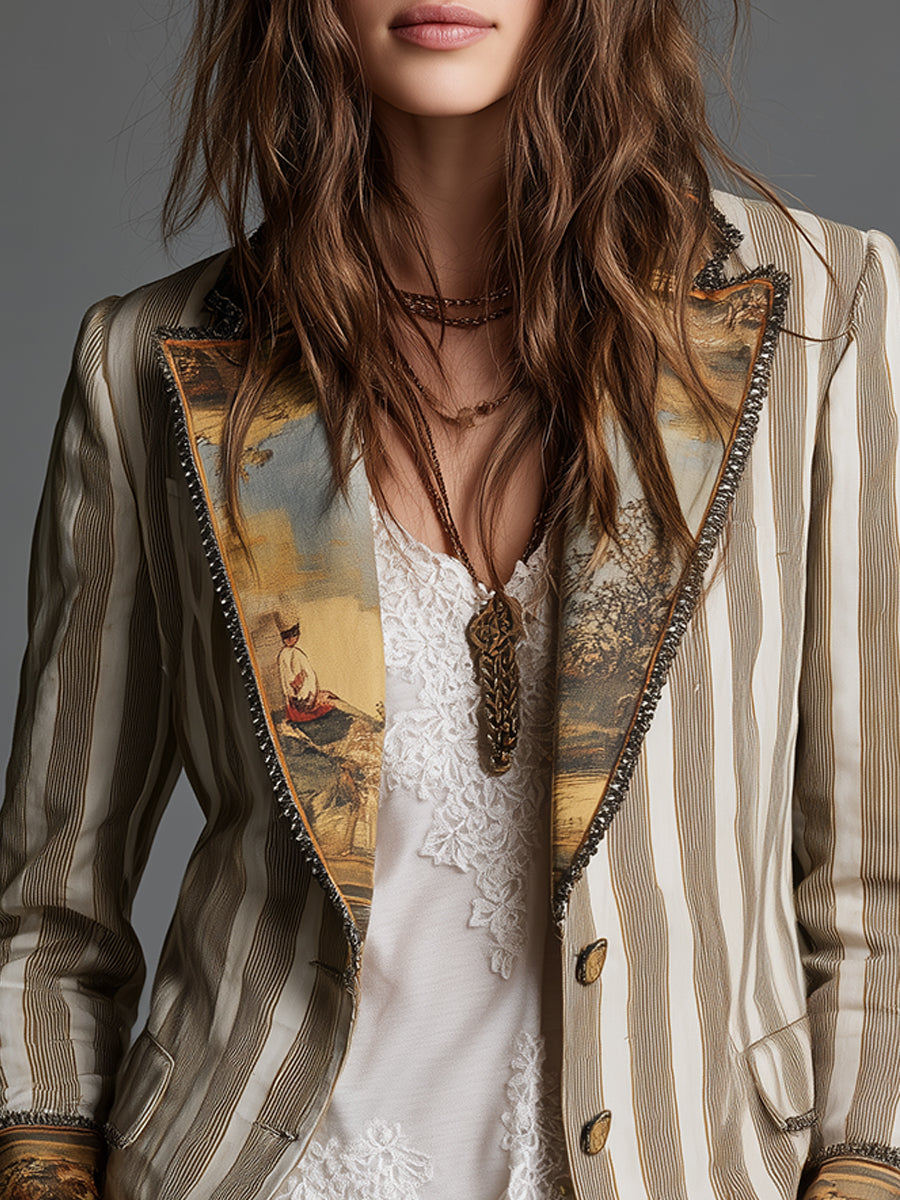 Blazer Donna Boho con Revers Decorati e Righe a Contrasto