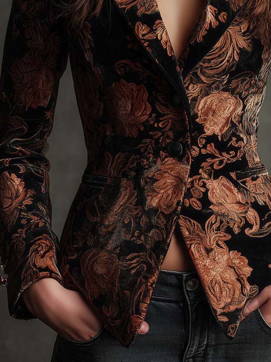 Blazer Donna Sartoriale Nero con Stampa Floreale Bronzo