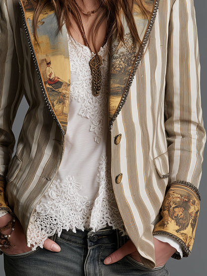 Blazer Donna Boho con Revers Decorati e Righe a Contrasto