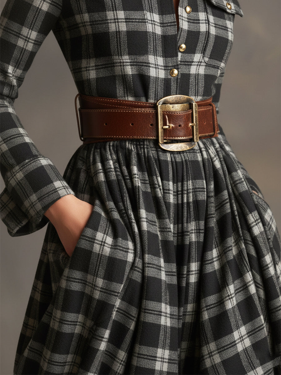 Abito Maxi Donna a Quadri Rosso Marrone con Colletto e Cintura