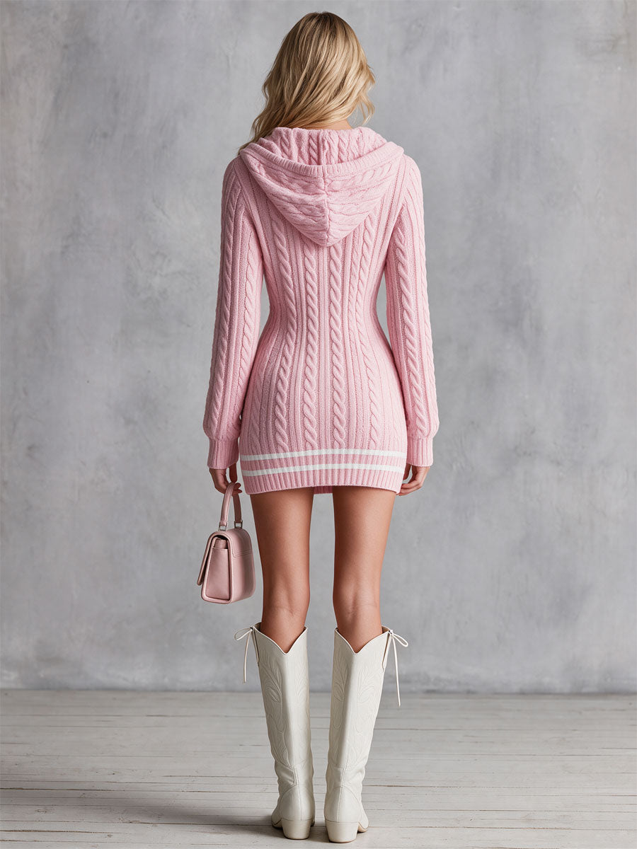Abito Mini Donna Rosa in Maglia a Treccia con Cappuccio e Scollo a V