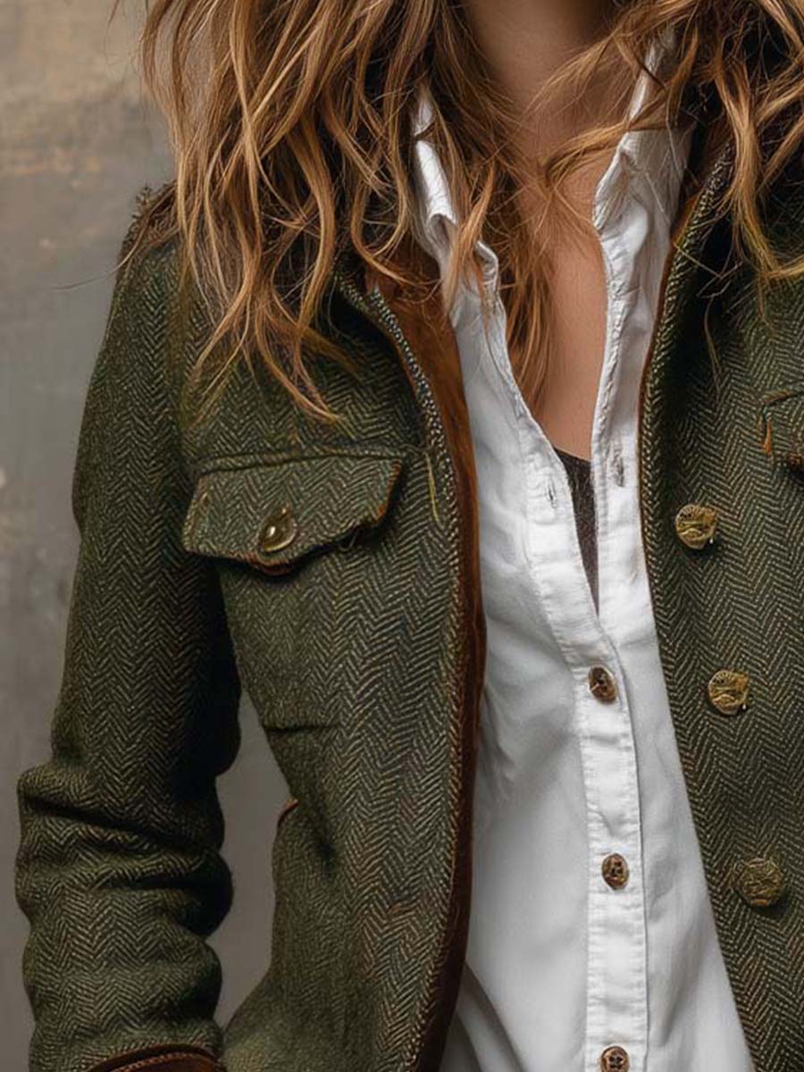 Blazer Donna Vintage in Tweed Spigato Verde Oliva con Dettagli a Contrasto
