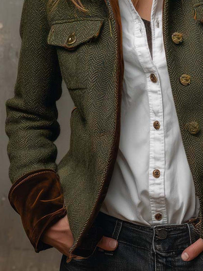 Blazer Donna Vintage in Tweed Spigato Verde Oliva con Dettagli a Contrasto