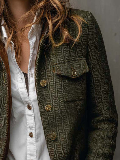 Blazer Donna Vintage in Tweed Spigato Verde Oliva con Dettagli a Contrasto