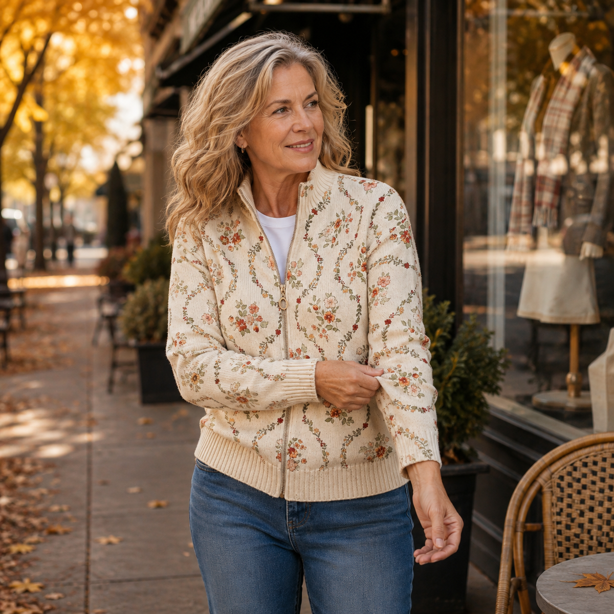 Cardigan Donna in Maglia Crema con Stampa Floreale