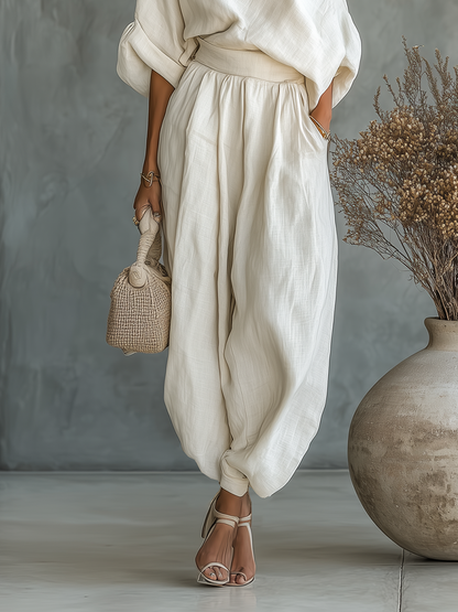 Completo Donna in Lino Color Panna con Top Monospalla e Pantaloni Affusolati