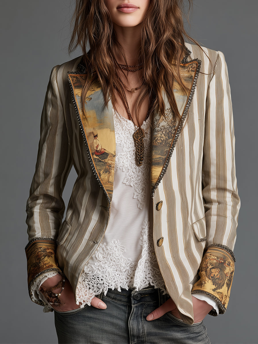 Blazer Donna Boho con Revers Decorati e Righe a Contrasto